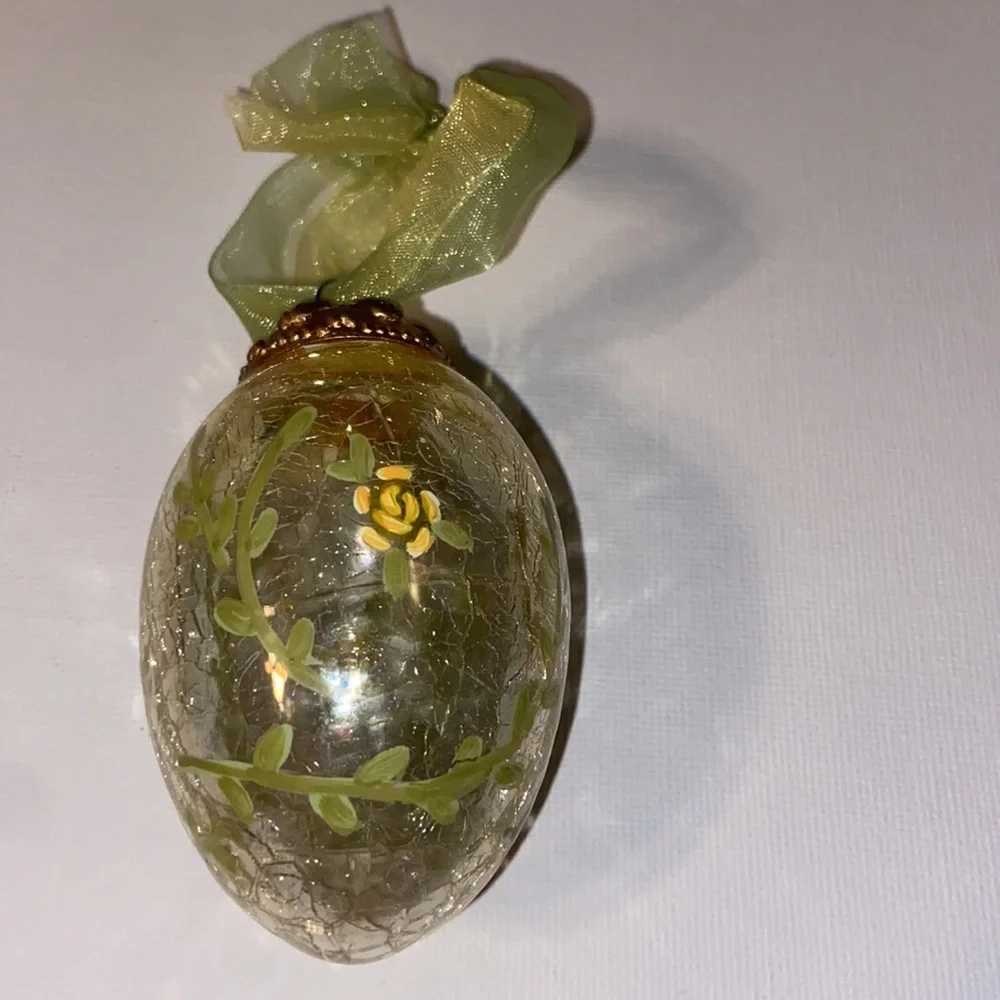 Russ Hand Painted Crackle Glass Yellow rose egg ornament with box.